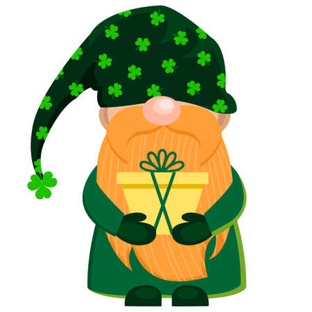 Vector gnome for Saint Patrick day. Cute dwarf with ginger beard in green clothes hold a gift. Isolated illustration for greeting card, print, gifts, home decor.のイラスト素材