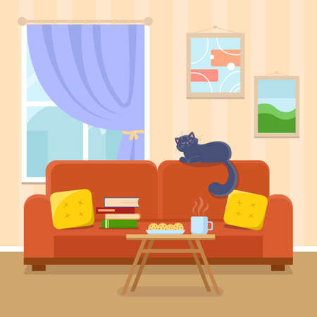 Living room interior vector illustration. Cozy sofa, coffe table, books and cat in flat style. Apartement cartoon design.のイラスト素材