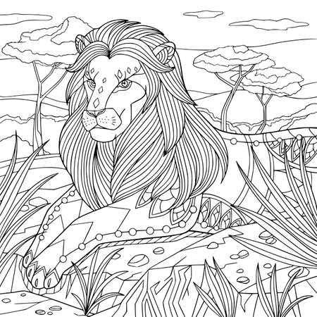 Lion lies on the ground proudly. Coloring book page for adult. African wild cat in doodle and elements. Vector hand drawn illustration for antistress.のイラスト素材