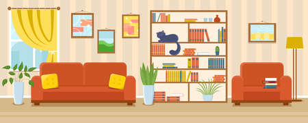 Living room interior vector banner. Cozy sofa with pillows, armchair, cat on bookcase, pants, window with curtain, pictures on the wall. Sweet home cartoon illustration of apartement with furniture.のイラスト素材