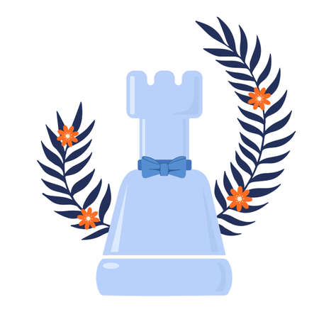 Rook chess figure isolated vector. Board game piece in vintage style with floral background for decoration. Close up chess game graphic.のイラスト素材