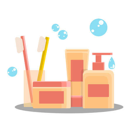Vector bathroom items set isolated. Toothbrush, cream, liquid soap, shampoo and bubbles. Cosmetics for morning hygiene and body care. Illustration in flat style.のイラスト素材