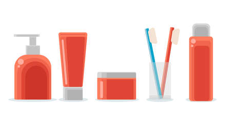 Bathroom cosmetic items isolated vector. Toothbrush and paste, cream, liquid soap, shampoo and lotion. Objects for morning hygiene and body care. Illustration in flat style in red colors.のイラスト素材