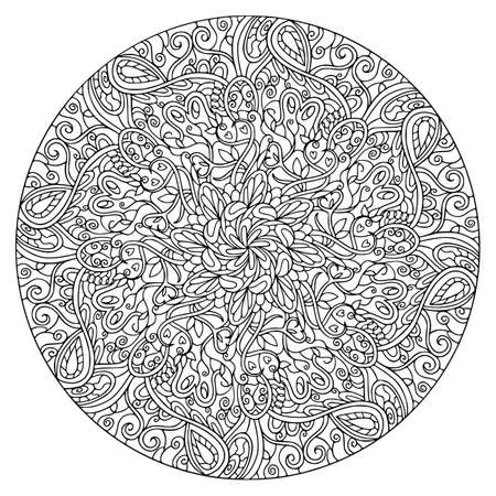 Round mandala with floral elements for coloring book page for adult. Vector graphic ethnic illustration in doodles. meditation, mehndi.のイラスト素材
