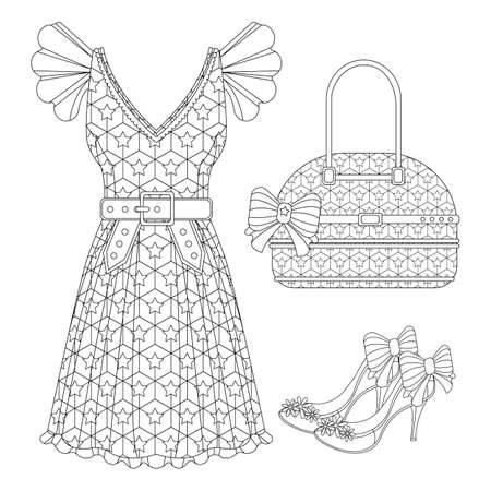 Evening clothes set with dress, high heels and handbag. Fashion look for coloring book page for adult for meditation.のイラスト素材