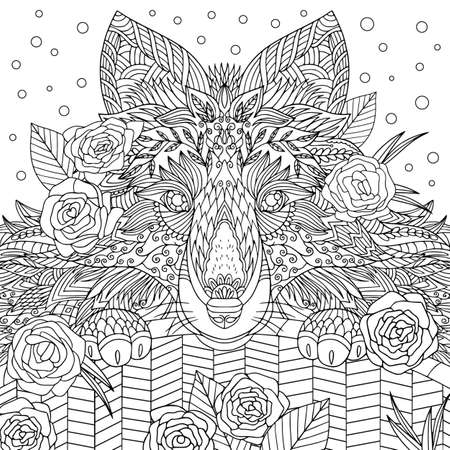 Coloring book page for adult. Lovely dog in the rose garden. Vector illustration for meditation and anti stress.のイラスト素材