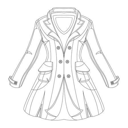 Seasonable coat vector outline illustration. Fashion look for women. Coloring book page for adult with doodle elements.のイラスト素材