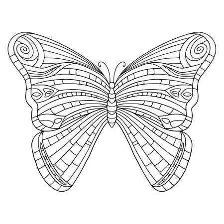 Beautiful butterfly with decorated wings coloring page. Vector outline illustration with doodle for coloring book for adult. Lovely garden insect.のイラスト素材