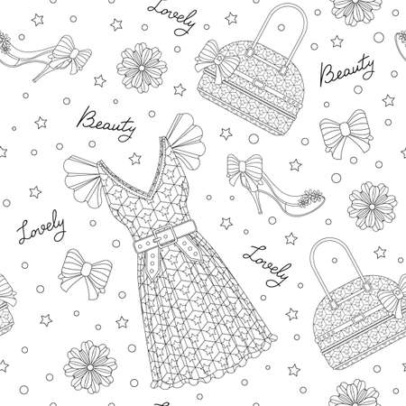 Fashion seamless pattern with evening dress, bag, high heel shoes. Outline illustration for wrapping paper, fabric, textile, wrap gift, fashion decor. Isolated graphic.のイラスト素材