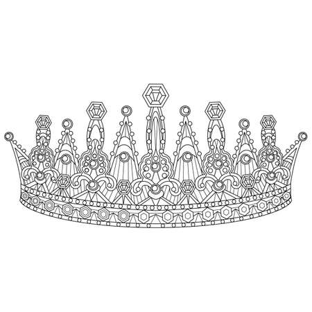 Tiara with jewelry for princess. Vector outline illustration for coloring book page for adult with doodle elements. Beautiful diadem line art.のイラスト素材