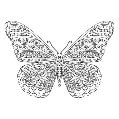 Tropical butterfly with decorated wings coloring page. Vector outline illustration with doodle elements for coloring book for adult. Lovely garden insect.のイラスト素材