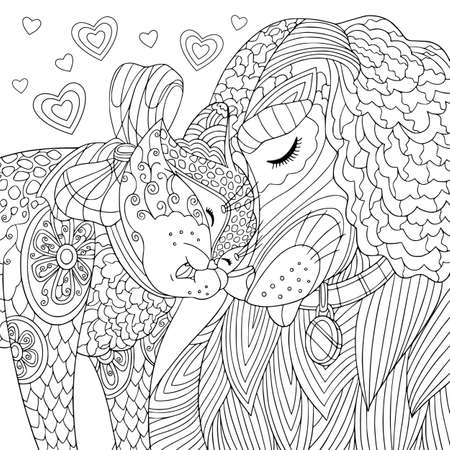 Lovely pets coloring book page. Cute fluffy cat and dog together smile. Friendly relationship between pets. Vector outline art elements.のイラスト素材