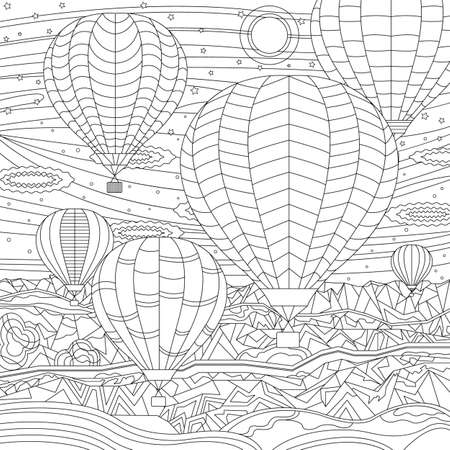 Hot air balloon festival. Beautiful jurney flight with mountains landscape. Coloring book page for adult with doodle elements. Isolated vector.のイラスト素材