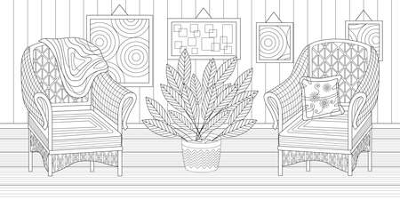 Interior with armchairs and paintings horizontal coloring book page for adult. Vector illustration with doodle and for meditation about home.のイラスト素材