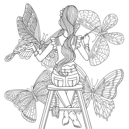 Inspired girl with long hair paint butterflies on wall. Beautiful coloring book page for adult with doodle elements for anti stress. Artist vector illustration.のイラスト素材