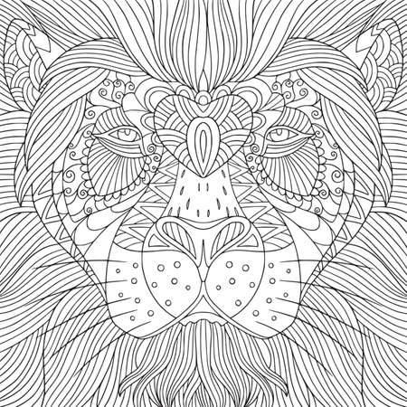 Lion head coloring book page for adult. Vector illustration with doodle  elements for meditation. Wild african cat graphic character.のイラスト素材