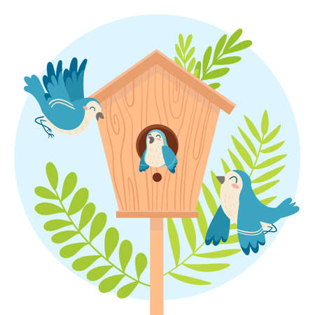 Family blue birds near birdhouse. Cartoon vector spring illustration in wooden home. Happy nature clip art isolated.のイラスト素材