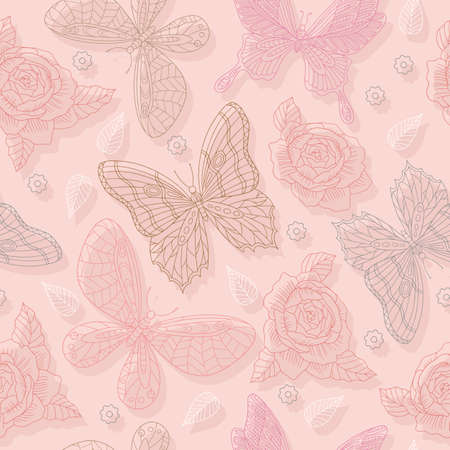 Romantic seamless pattern with tropical butterflies outline. Pinky elegant illustration for wrapping paper, fabric, textile, wrap gifts, holidays decor. Isolated vector.のイラスト素材