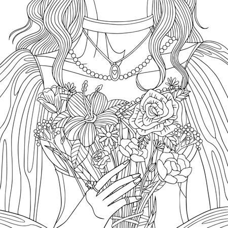 Girl hold bouquet of flowers. Coloring book illustration for adult with doodle  elements for meditation. Romantic vector outline art for holidays.のイラスト素材