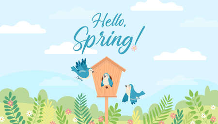 Hello Spring positive cartoon illustration with birds and birdhouse. Vector graphic clip art for wallpaper, print, banner, web page. Sky, clouds, blue birds, forest, plants, flowers.のイラスト素材