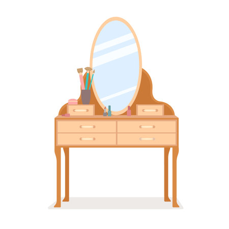 Dressing table in flat cartoon style with cosmetics. Isolated vector illustration of furniture in bedroom.のイラスト素材
