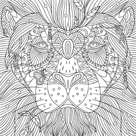 Lion head with ethnic decoration coloring book page for adult. Vector outline illustration of wild cat with doodle and elements for antistress. Animal line art.のイラスト素材