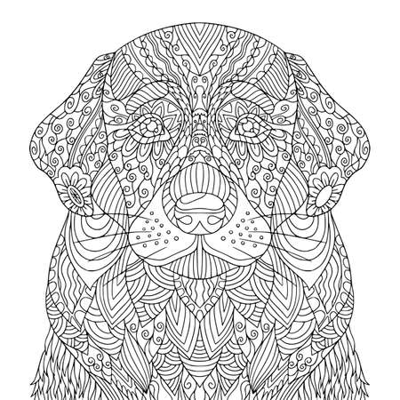 Pretty dog coloring book page for adult. Puppy vector line art with doodle and  elements for antistress. Domestic animal illustration.のイラスト素材