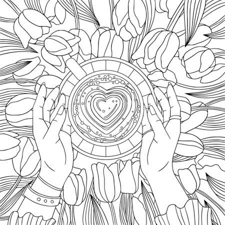 Coloring book page coffee break with tulips flat lay. Vector fashion illustration with doodle and  elements for meditation about braekfast relax. Antistress for adult.のイラスト素材