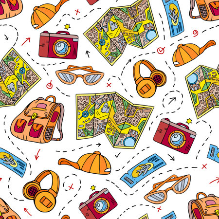 Travel seamless pattern with bag, map, camera, tickets, cap for holiday journey. Vector endless ary for wripping paper, rextile, fabric, paper gift, design. Summer wallpaper.のイラスト素材