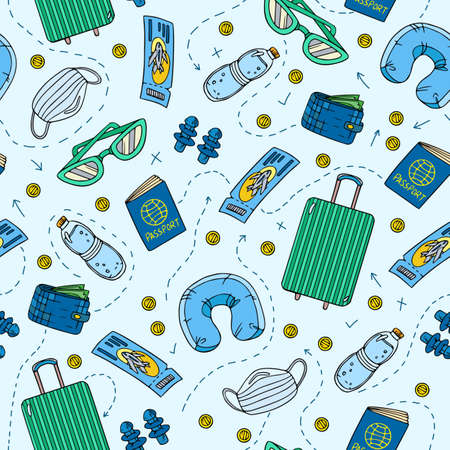 Safe trip seamless pattern with suitcase, medicine mask, bottle of water, wallet with money, sunglasses, ticket, passport, pillow. Vector illustration for wallpaper, travel design, wrapping paper, fabric, textile, background.のイラスト素材