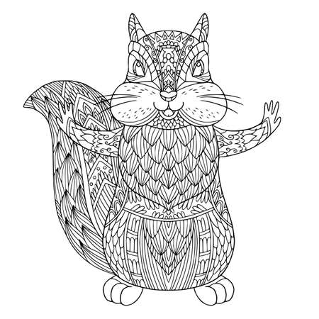 Cheerful chipmunk with furry tail. Fairy tale coloring book page for children and adult with elements. Vector isolated hand drawing.のイラスト素材