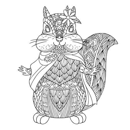 Lovely female chipmunk with flower and clothes. Fairy tale coloring book page for children and adult with elements. Vector isolated hand drawing.のイラスト素材
