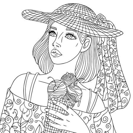 Summer coloring book page girl in hat hold ice cream. Vector outline illustration with doodle and elements for meditation and antistress.のイラスト素材