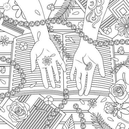 Flat lay of books, notes, flowers, botanic leaves with girl hands with tatoo. Coloring book page with doodle and elements for adult vector isolated line art.のイラスト素材