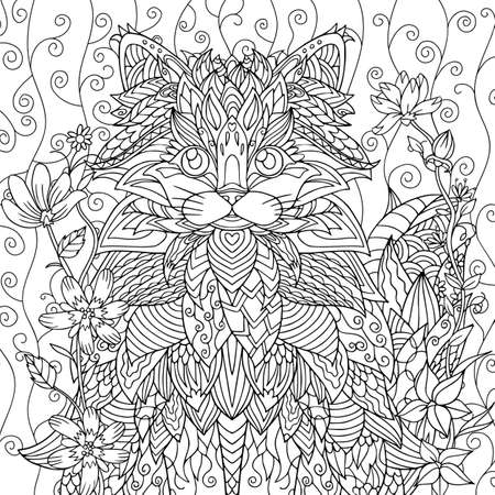Coloring book cat with vintage flowers and  elements. Hand drawn spring coloring book page for adult for antustress.のイラスト素材