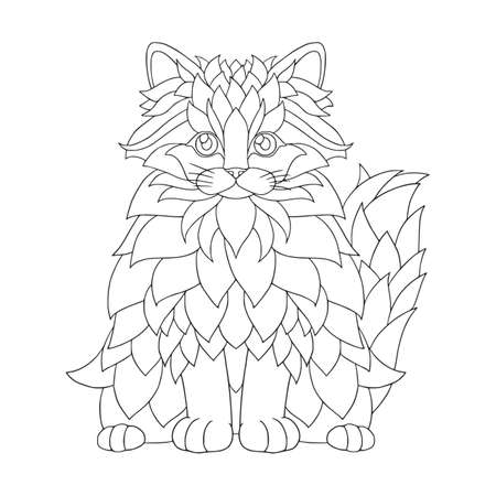 Line art fluffy kitten cute cartoon character. Outline vector illustration for coloring book for children.のイラスト素材