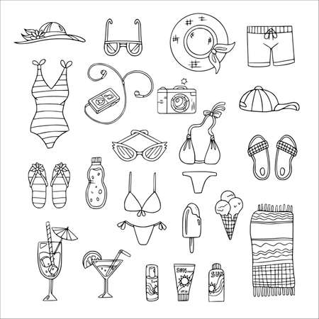 Summer line art set with beach accessories: swimsuit, bikini, hat, cocktail, isecream, suncream, towel, sunglasses, flip flops. Vector hand drawing.のイラスト素材