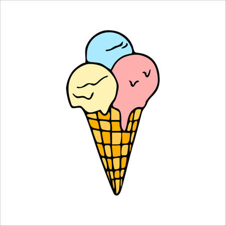 Doodle vector icecream with waffle and fruit balls. Vector isolated icon illustration.のイラスト素材