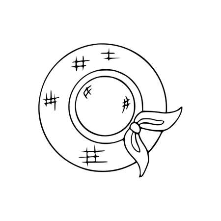 Doodle strawy woman hat for sun top view. Vector hand drawn illustration.のイラスト素材