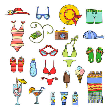 Summer set with beach accessories: swimsuit, bikini, hat, coctkail, isecream, suncream, towel, sunglasses, flip flops. Vector cartoon isolated illustration.のイラスト素材
