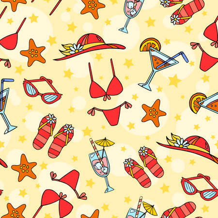 Colorful summer pattern with beach woman accessories: bikini, hat, flip flops, cocktails. Positive seamless illustration for summer vacation in yellow and red colors.のイラスト素材