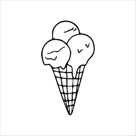 Doodle vector icecream with waffle and ice balls. Vector isolated line illustration.のイラスト素材