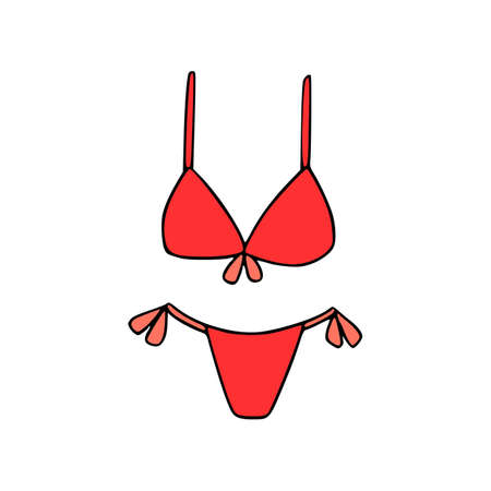 Red bikini in cartoon style vector. Summer isolated lingerie hand drawing.のイラスト素材