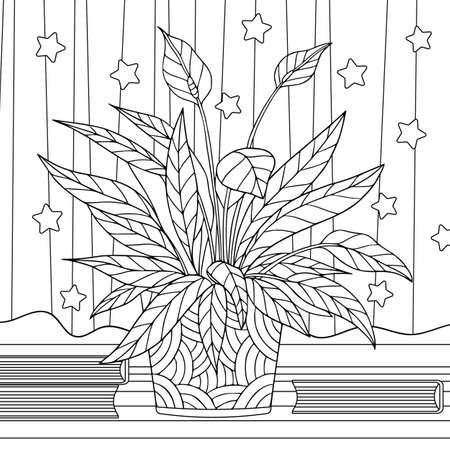 Spathiphyllum in bloom at home interior with books. Coloring book page of piece lilies houseplant with doodle and zentangle elments for adult.のイラスト素材