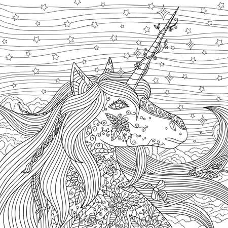 Beautiful unicorn coloring book page for adult. Fantasy horse with horn and night sky for meditation and antistress with doodle and  elements. Vector outline illustration.のイラスト素材