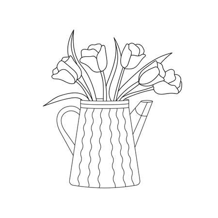 Watering can with tulips spring line art illustration. Vector isolated on white.のイラスト素材