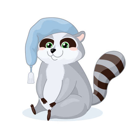 Funny raccoon baby animal in sleeping hat for nurcery, print. Vector isolated illustration.のイラスト素材