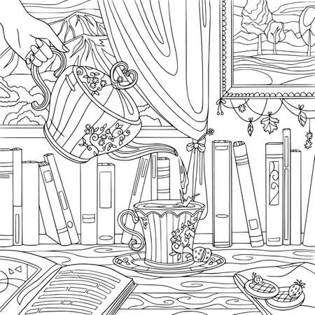 Relaxation at home with tea and read books. Coloring book page for adult for meditation with doodle and  elements. Vector outline illustration.のイラスト素材