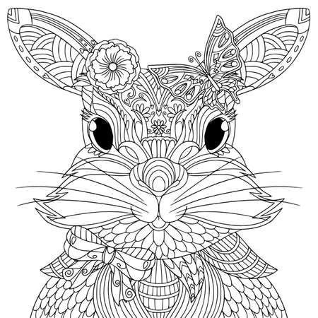 Cute bunny girl portrait with flower, butterfly, bow. Coloring book page for adult with doodle and  elements. Vector outline hand drawing.のイラスト素材