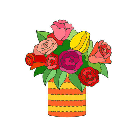 Spring colorful bouquet with red roses and yellow tulip with green leaves in vase. Vector isolated illustration.のイラスト素材